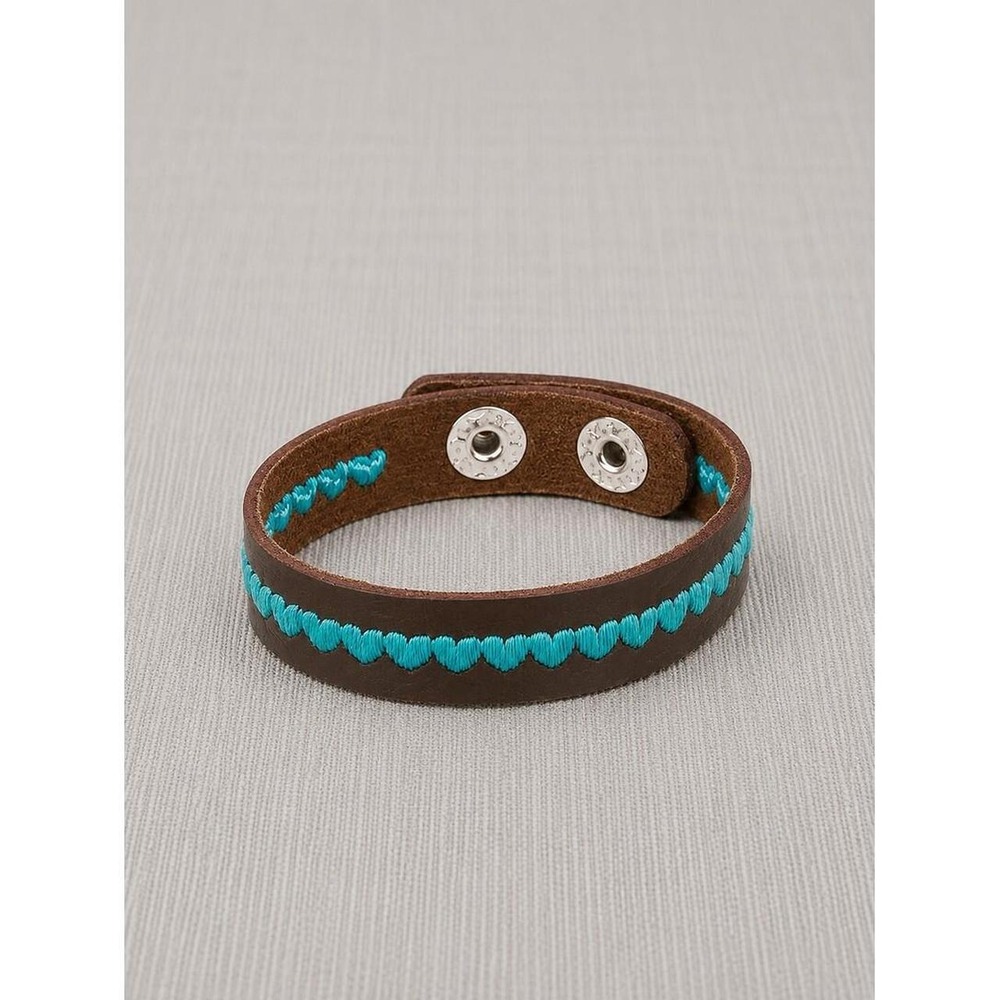 Brown Leather Cuff Bracelet Turquoise Blue Embroidered Heart Snap Closure Boho